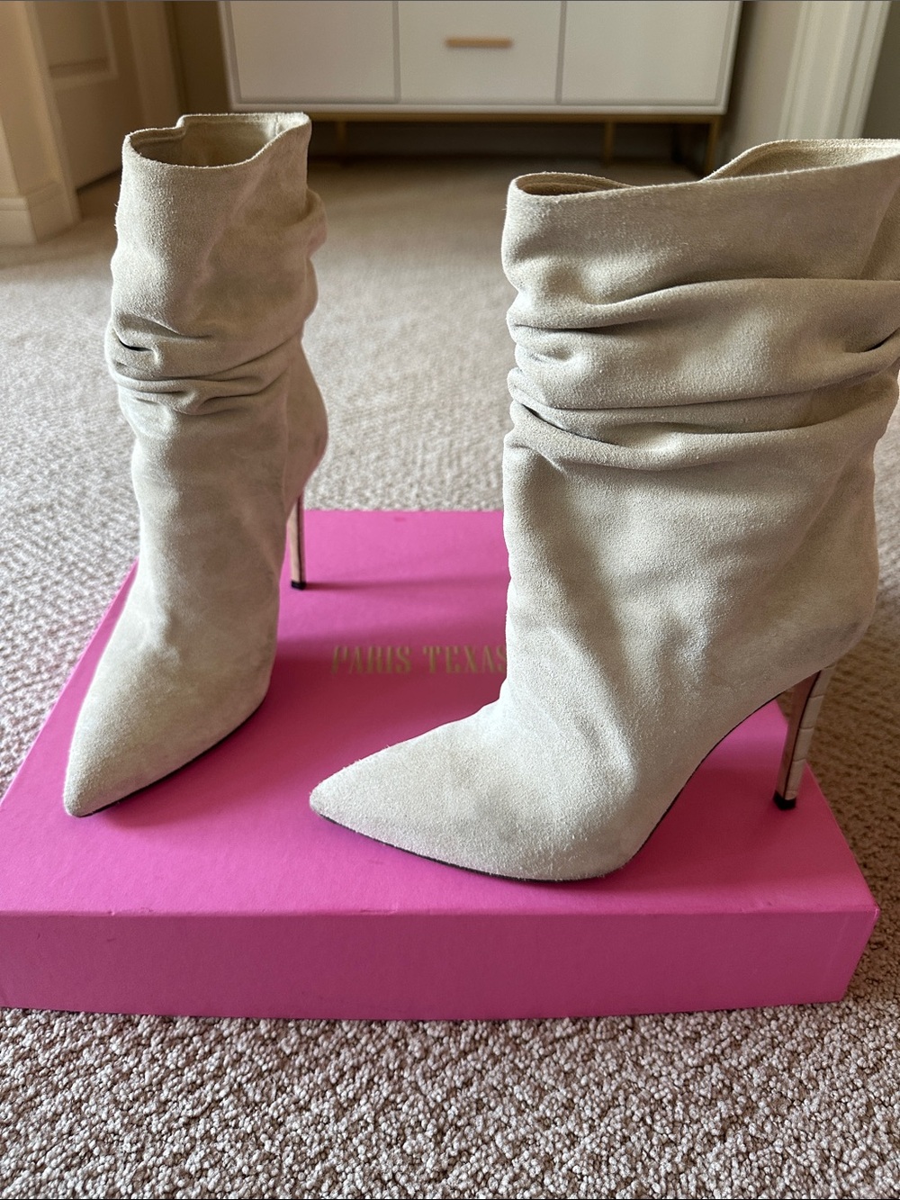 Paris Texas Taupe Suede Slouch Stiletto Ankle Boots